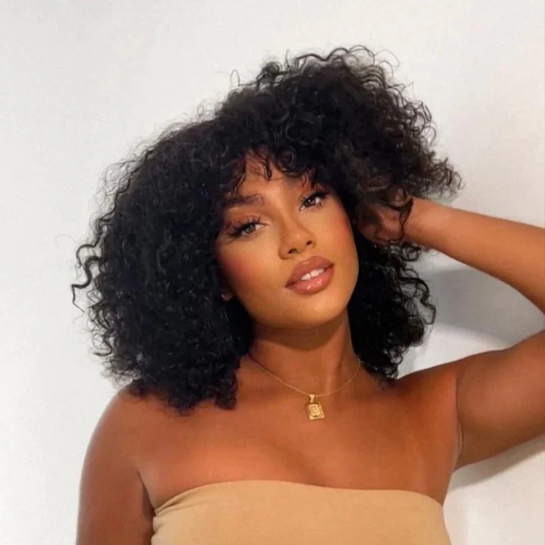 Full Machine Made Curly Human Hair Wig with Bang