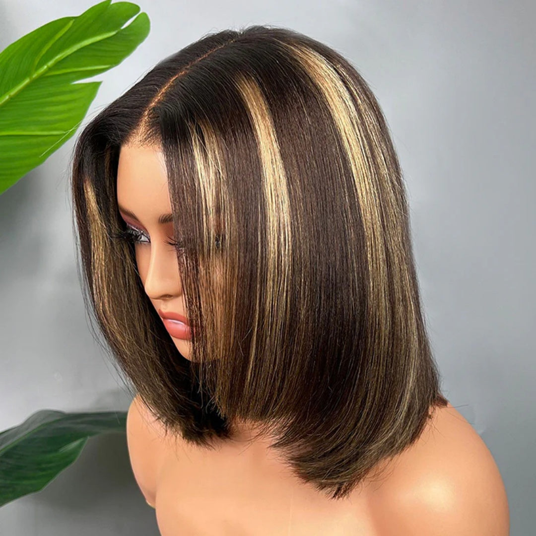 UPGRADED FULL LACE (WITHOUT MESH) TRANSPARENT LACE HIGHLIGHT STRAIGHT LAYERED BOB INVISI-STRAP WIG