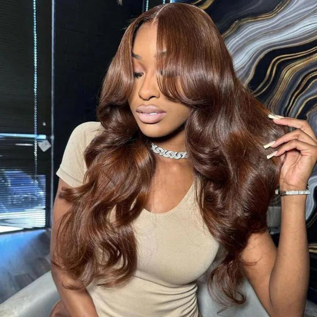 13X4/13X6 LACE FRONT HUMAN HAIR DARK BROWN LAYERED BODY WAVE WIG WITH  BANG