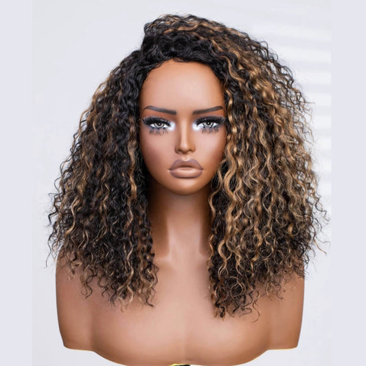 Upgrade 3 IN 1 Half Wig With Drawstring Highlight Curly Glueless Human Hair Wig