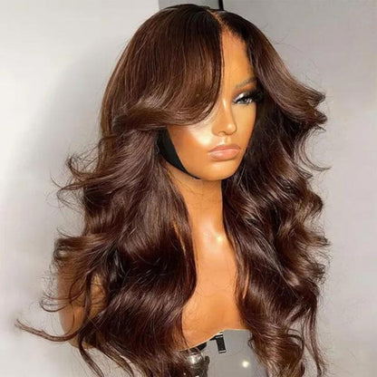 13X4/13X6 LACE FRONT HUMAN HAIR DARK BROWN LAYERED BODY WAVE WIG WITH  BANG