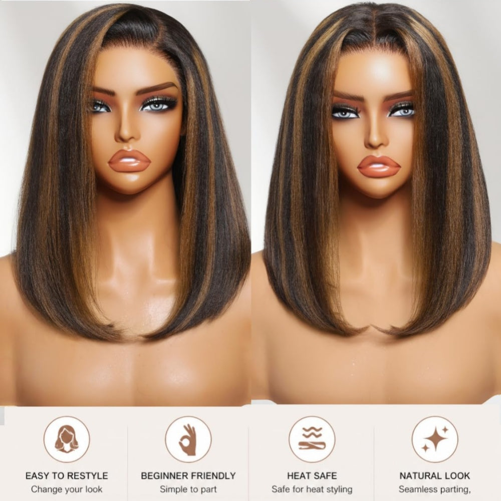 FULL TRANSPARENT/HD LACE PRE-PLUCKED YAKI STRAIGHT BOB BROWN HIGHLIGHTS FULL LACE WIG
