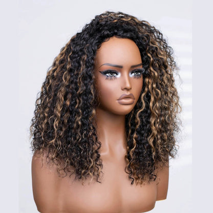 Upgrade 3 IN 1 Half Wig With Drawstring Highlight Curly Glueless Human Hair Wig