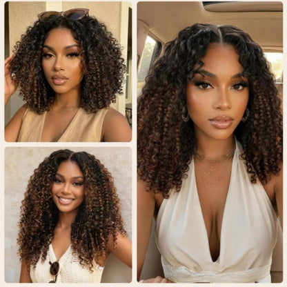 HD LACE 3D Dome Cap 9x6 Super Preplucked with Drawstring Wig Brown Ombre Burmese Curly With Finger Coil Ends