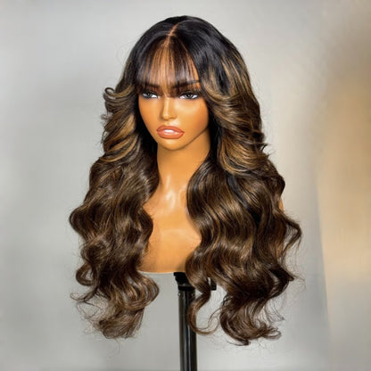 PreCut Lace 360 HD Lace Front Invisi-Strap Hightlight Wig / Body Wave With Bang