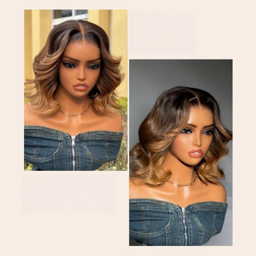 FULL TRANSPARENT/HD LACE PRE-PLUCKED BROWN WITH BLONDE HIGHLIGHTS WAVY BOB FULL LACE WIG