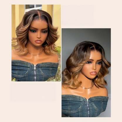FULL TRANSPARENT/HD LACE PRE-PLUCKED BROWN WITH BLONDE HIGHLIGHTS WAVY BOB FULL LACE WIG