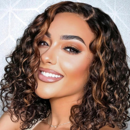 FULL TRANSPARENT/HD LACE PRE-PLUCKED CURLY BOB BROWN HIGHLIGHTS FULL LACE WIG