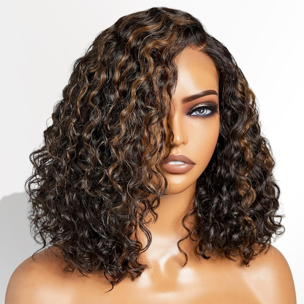 FULL TRANSPARENT/HD LACE PRE-PLUCKED CURLY BOB BROWN HIGHLIGHTS FULL LACE WIG