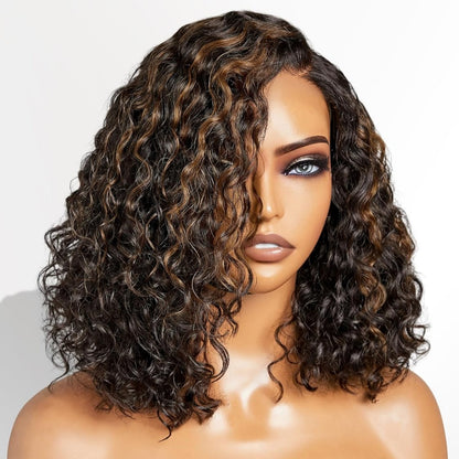 FULL TRANSPARENT/HD LACE PRE-PLUCKED CURLY BOB BROWN HIGHLIGHTS FULL LACE WIG