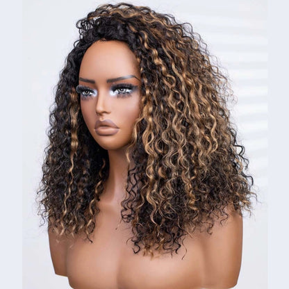 Upgrade 3 IN 1 Half Wig With Drawstring Highlight Curly Glueless Human Hair Wig