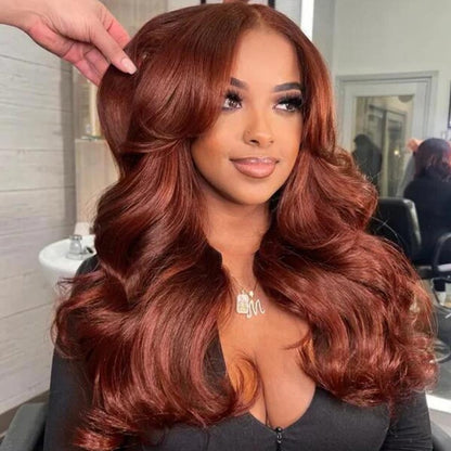 13X4/13X6 LACE FRONT HUMAN HAIR REDDISH BROWN LAYERED BODY WAVE WIG WITH  BANG