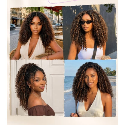 HD LACE 3D Dome Cap 9x6 Super Preplucked with Drawstring Wig Brown Ombre Burmese Curly With Finger Coil Ends