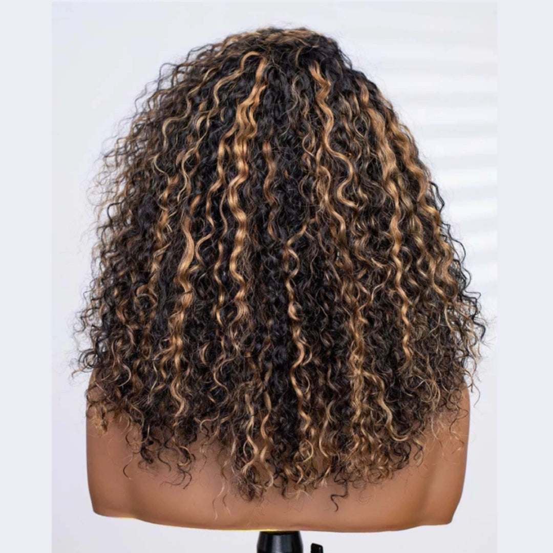 Upgrade 3 IN 1 Half Wig With Drawstring Highlight Curly Glueless Human Hair Wig