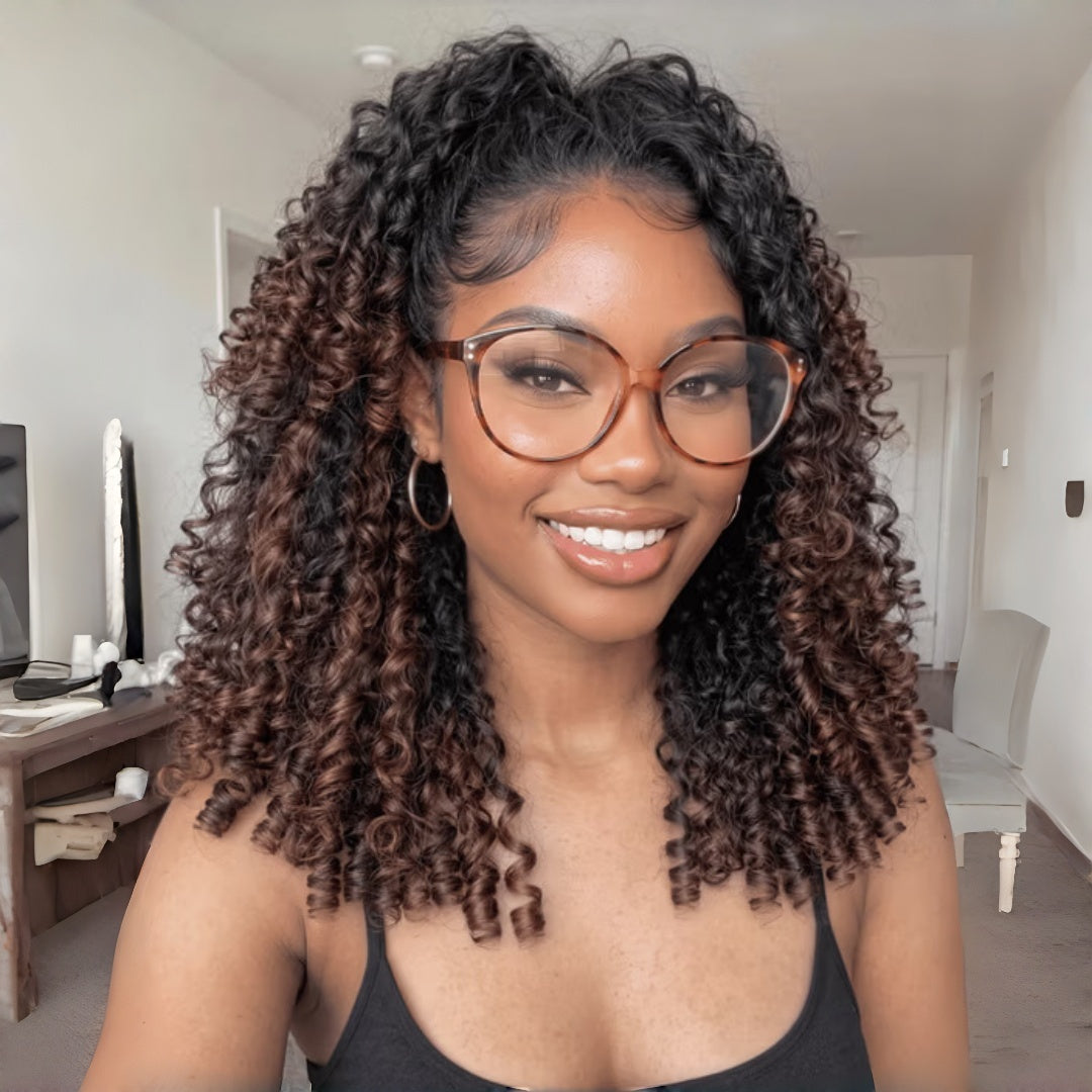 HD LACE 3D Dome Cap 9x6 Super Preplucked with Drawstring Wig Brown Ombre Burmese Curly With Finger Coil Ends