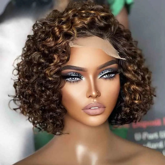 4X4/13X4 LACE FRONT HUMAN HAIR 250% DENSITY HIGHLIGHT CURLYBOB WIG