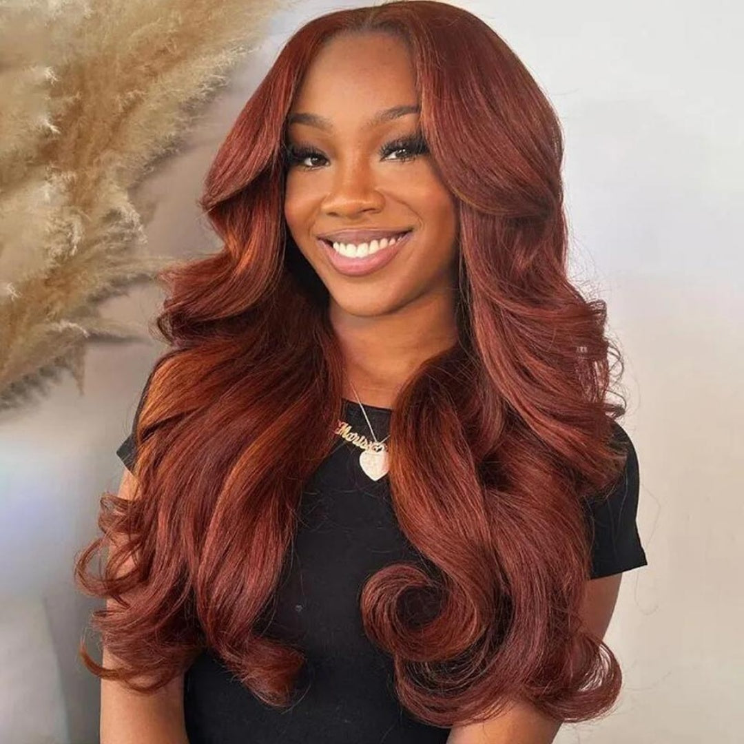 13X4/13X6 LACE FRONT HUMAN HAIR REDDISH BROWN LAYERED BODY WAVE WIG WITH  BANG