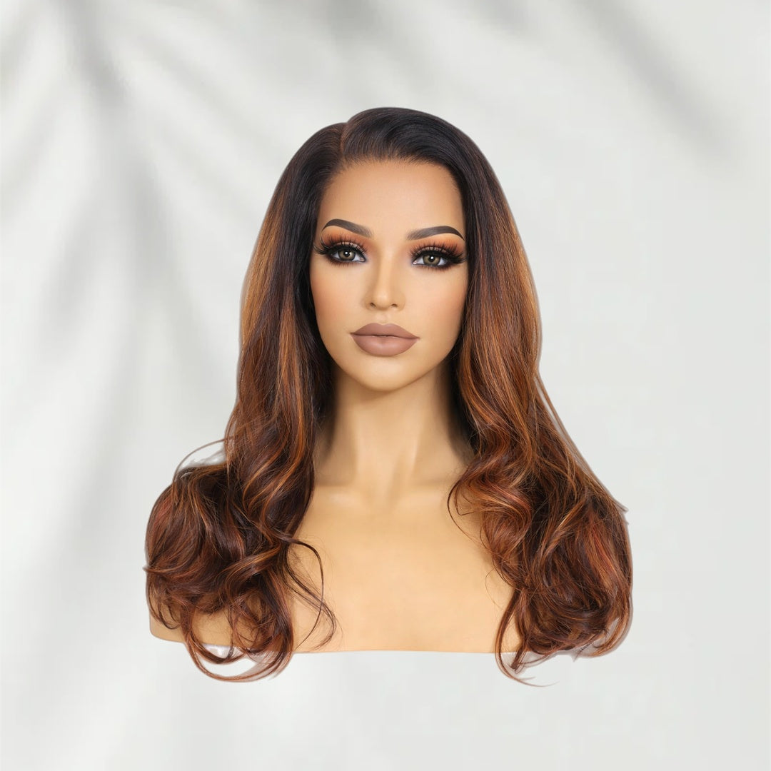 PreCut Lace 360 HD Lace Front Invisi-Strap Ombre Hightlight Brown Wig / Body Wave Wavy