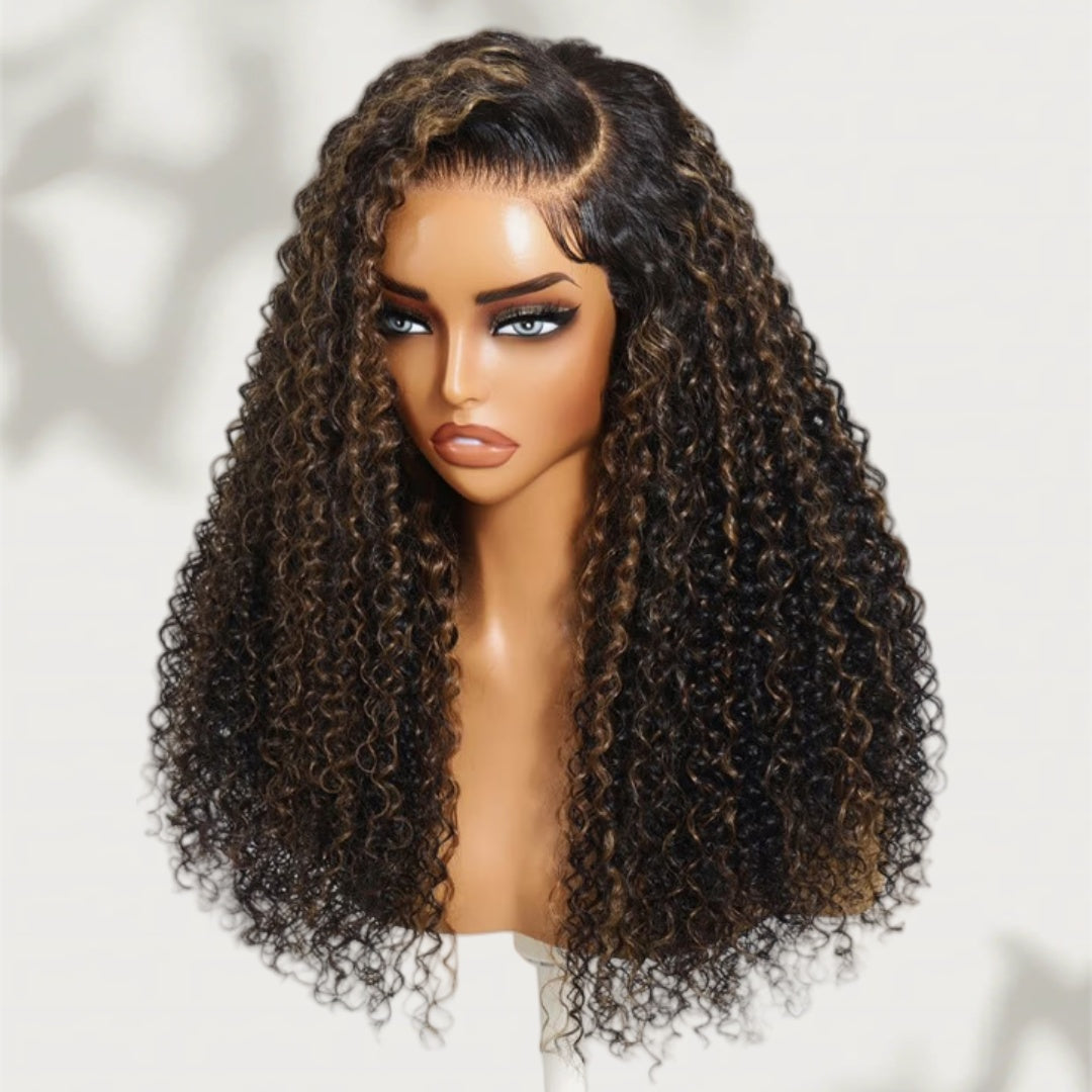 Upgraded Drawstring 13X4/13X6 Full Frontal HD Lace Wig  Brown Highlight Jerry Curly
