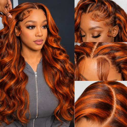 13X4/13X6 Full Frontal Transparent Lace Highlight Ombre Ginger Orange Body Wave Wig
