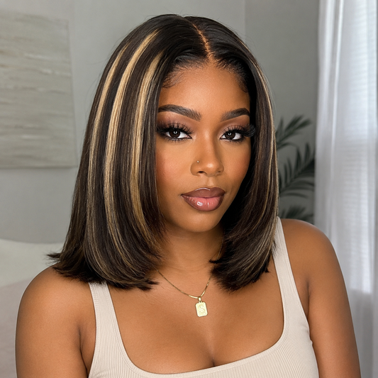 UPGRADED FULL LACE (WITHOUT MESH) TRANSPARENT LACE HIGHLIGHT STRAIGHT LAYERED BOB INVISI-STRAP WIG