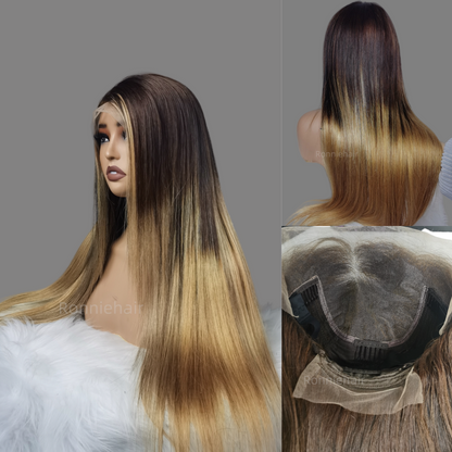 【DEAL】13X4/13X6 TRANSPARENT LACE FRONT BROWN ROOT OMBRE COLOR STRAIGHT WIG