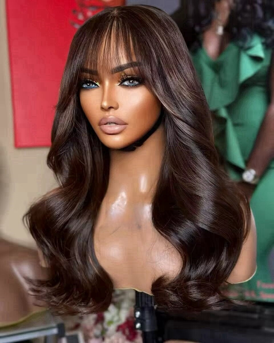 13X4 TRANSPARENT LACE FRONT BROWN COLOR BODY WAVE WIG WITH BANG