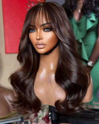 13X4 TRANSPARENT LACE FRONT BROWN COLOR BODY WAVE WIG WITH BANG