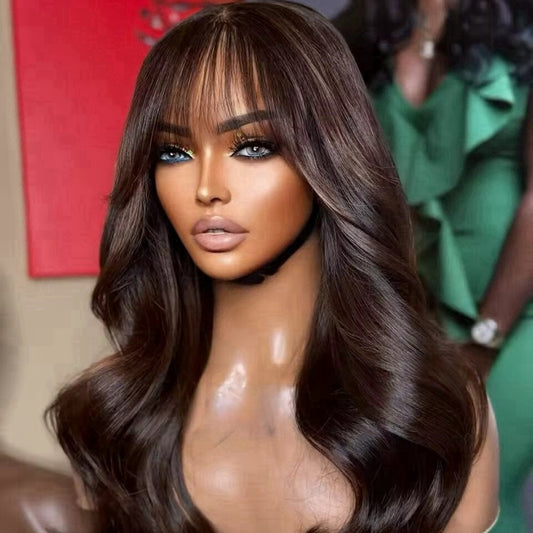 13X4 TRANSPARENT LACE FRONT BROWN COLOR BODY WAVE WIG WITH BANG