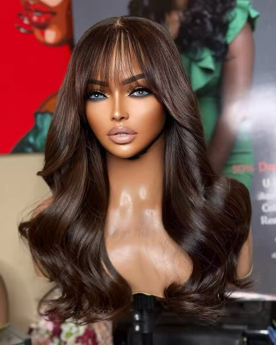 13X4 TRANSPARENT LACE FRONT BROWN COLOR BODY WAVE WIG WITH BANG