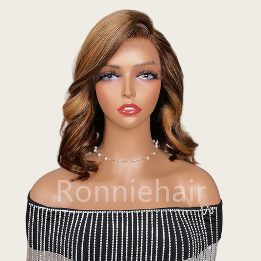 13x4 Transparent Lace Side-Parting Pre-plucked Highlight Loose Wave Bob Wig