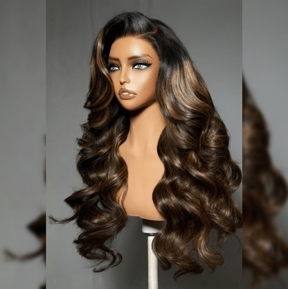 Upgrade 370 Fitted Cap Invisi-Strap HD Lace Preplucked Hairline Wig Balayage Highlight Body Wave Curtain Bangs