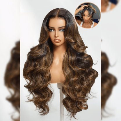 Upgrade 370 Fitted Cap Invisi-Strap HD Lace Preplucked Hairline Wig Balayage Highlight Body Wave Curtain Bangs