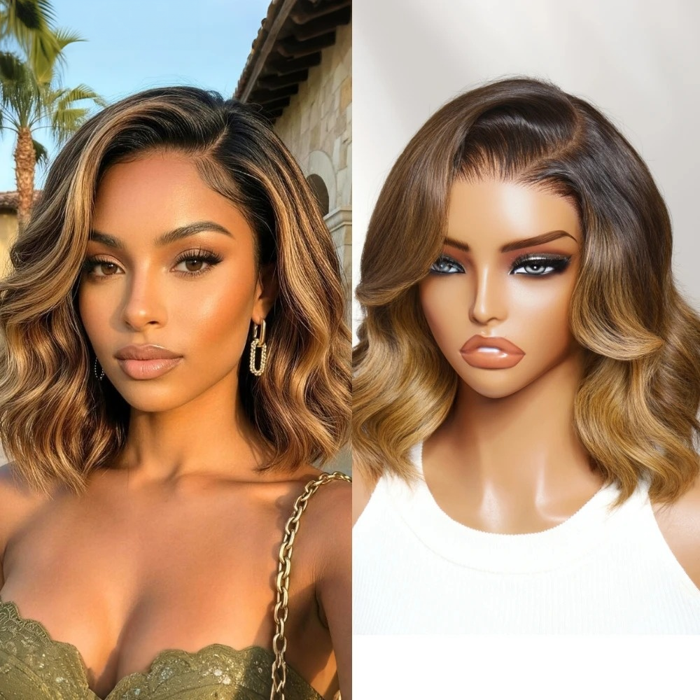 FULL TRANSPARENT/HD LACE PRE-PLUCKED BROWN WITH BLONDE HIGHLIGHTS WAVY BOB FULL LACE WIG