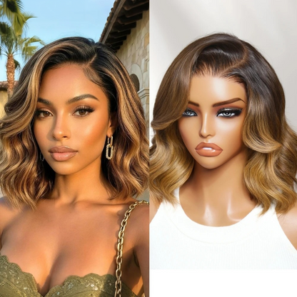 FULL TRANSPARENT/HD LACE PRE-PLUCKED BROWN WITH BLONDE HIGHLIGHTS WAVY BOB FULL LACE WIG