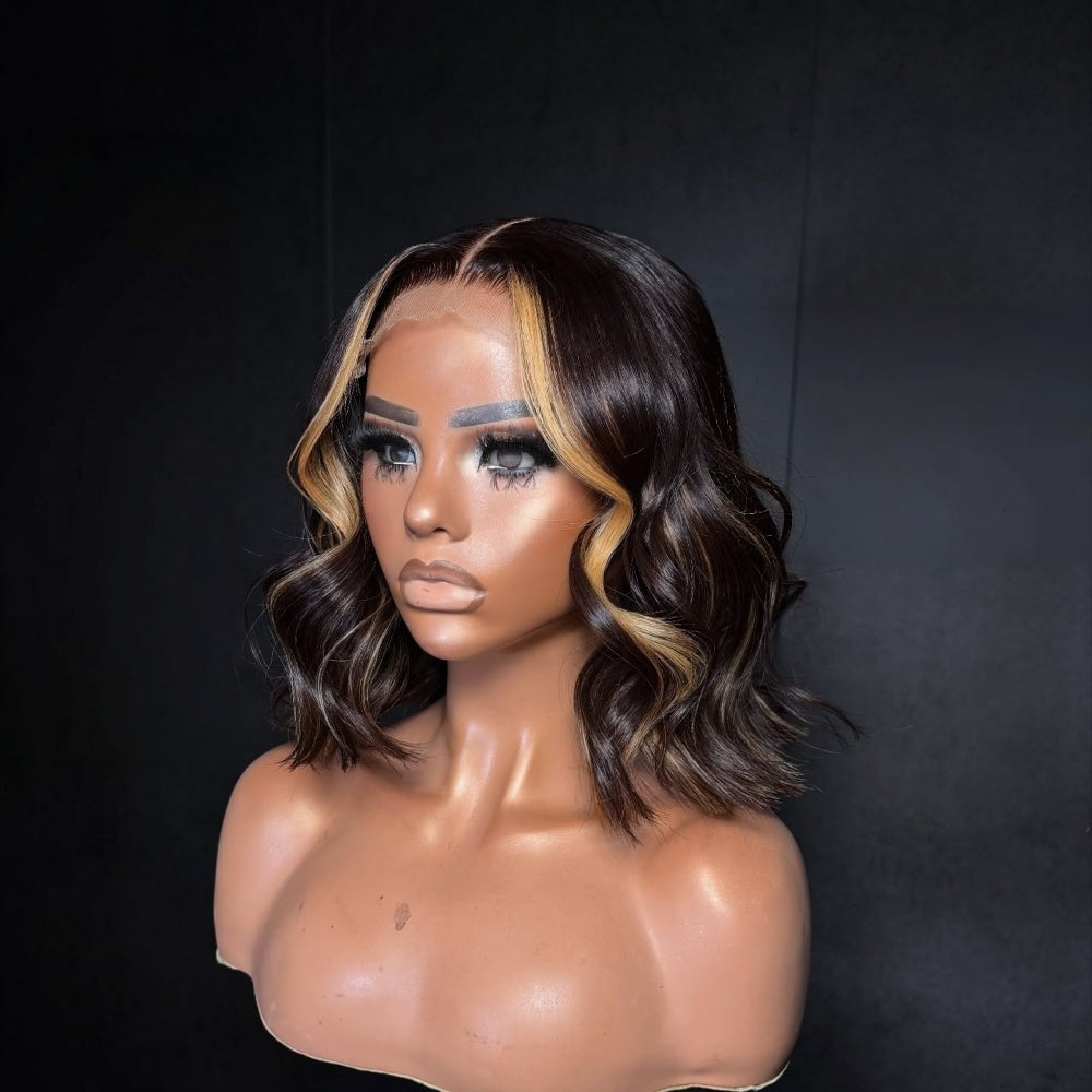 FULL TRANSPARENT/HD LACE PRE-PLUCKED BLONDE HIGHLIGHTS WAVY BOB HUMAN HAIR FULL LACE WIG