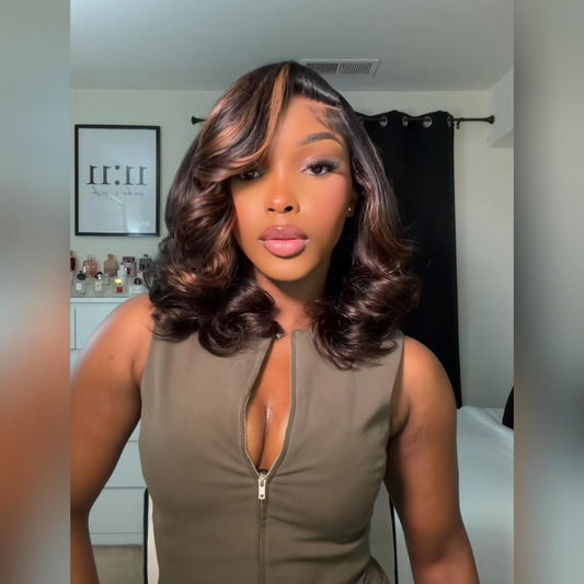 HD Lace Pre-Plucked Hairline Caramel Brown Highlights Layer Cut Side Part Body Wave Wig