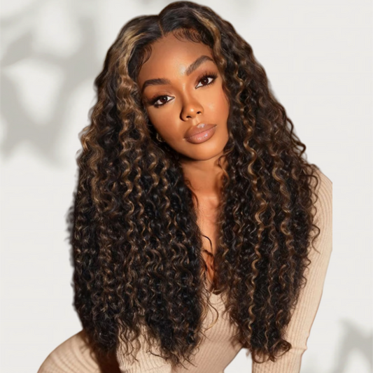 Upgraded Drawstring 13X4/13X6 Full Frontal HD Lace Wig  Brown Highlight Jerry Curly