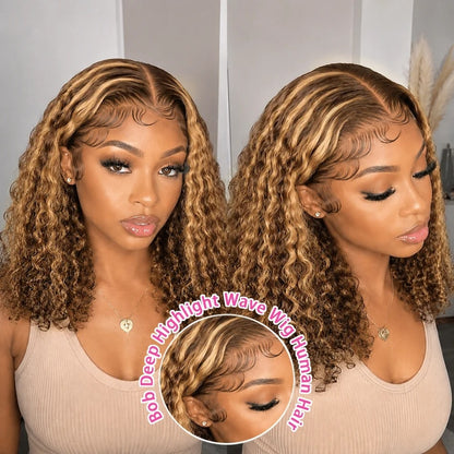 FULL TRANSPARENT/HD LACE PRE-PLUCKED SHORT BOB CURLY WAVE HIGHLIGHT OMBRE HONEY BLONDE FULL LACE WIG