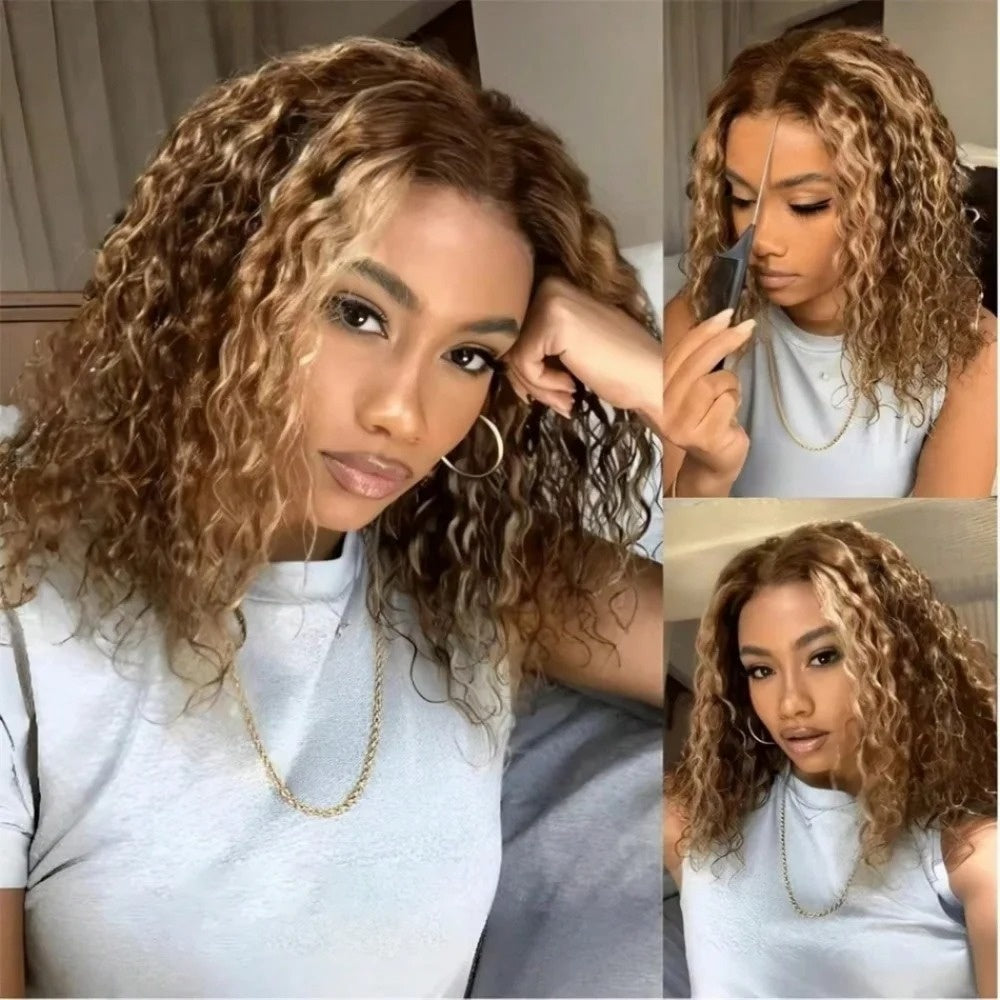 FULL TRANSPARENT/HD LACE PRE-PLUCKED SHORT BOB CURLY WAVE HIGHLIGHT OMBRE HONEY BLONDE FULL LACE WIG
