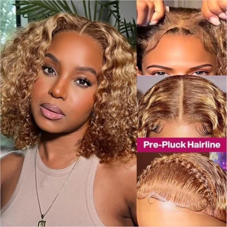 FULL TRANSPARENT/HD LACE PRE-PLUCKED SHORT BOB CURLY WAVE HIGHLIGHT OMBRE HONEY BLONDE FULL LACE WIG