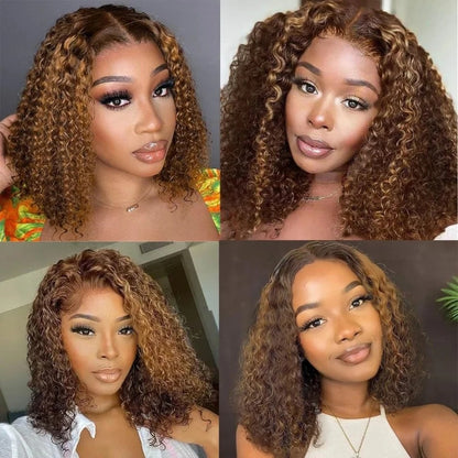 FULL TRANSPARENT/HD LACE PRE-PLUCKED SHORT BOB CURLY WAVE HIGHLIGHT OMBRE HONEY BLONDE FULL LACE WIG