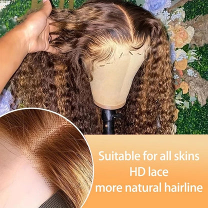 FULL TRANSPARENT/HD LACE PRE-PLUCKED SHORT BOB CURLY WAVE HIGHLIGHT OMBRE HONEY BLONDE FULL LACE WIG