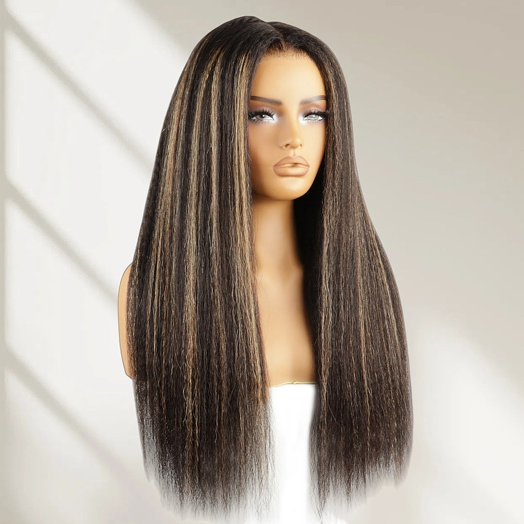 HD LACE 3D Dome Cap 9x6 Super Preplucked with Drawstring Wig Highlighted Kinky Straight