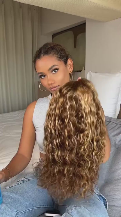 FULL TRANSPARENT/HD LACE PRE-PLUCKED SHORT BOB CURLY WAVE HIGHLIGHT OMBRE HONEY BLONDE FULL LACE WIG