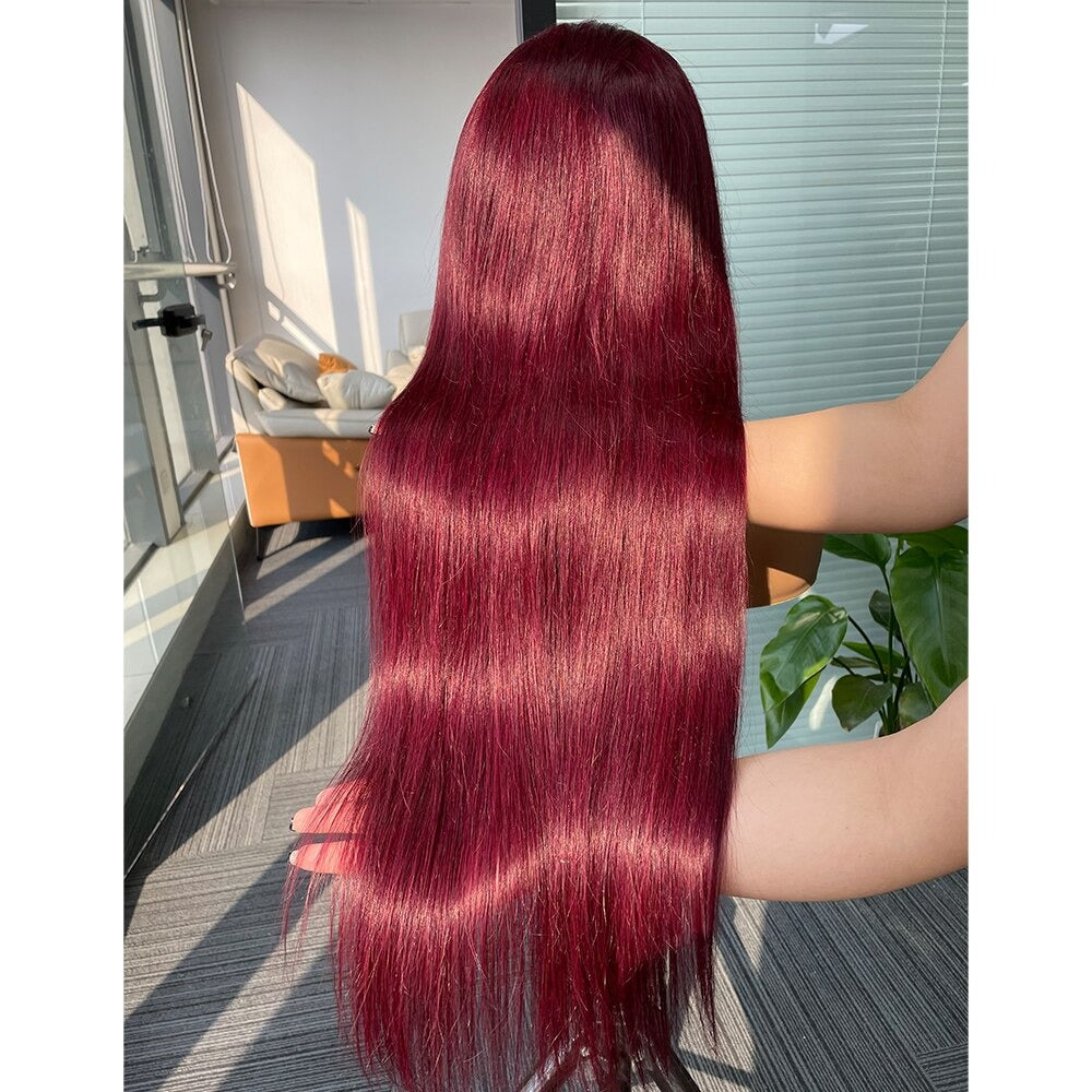 BURGUNDY 99J RED Straight PRE-PLUCKED LACE FRONT HUMAN HAIR WIG