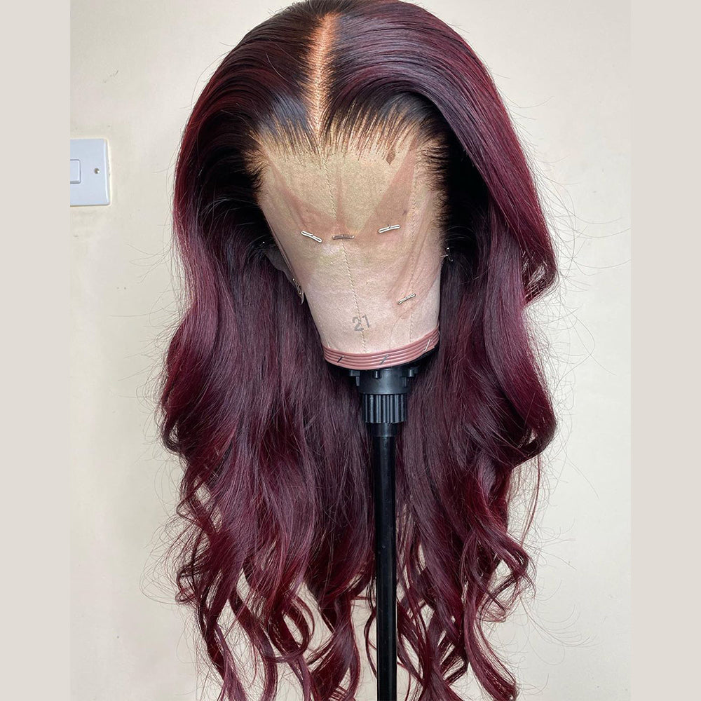 Ombre Burgundy Wine Red Body Wave Pre-plucked Human Hair Lace Front Wig