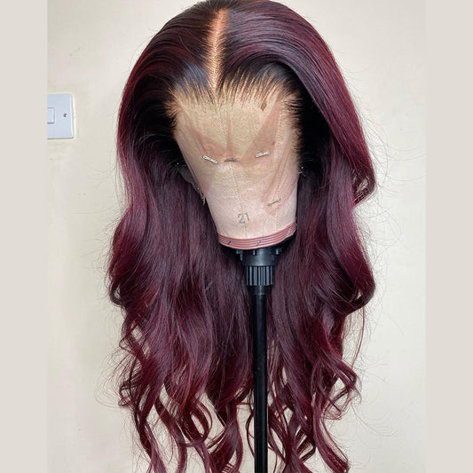 Ombre Burgundy Wine Red Body Wave Pre-plucked Human Hair Lace Front Wig
