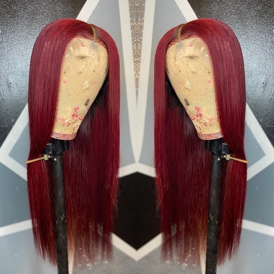BURGUNDY 99J RED Straight PRE-PLUCKED LACE FRONT HUMAN HAIR WIG