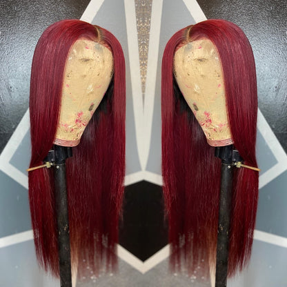 BURGUNDY 99J RED Straight PRE-PLUCKED LACE FRONT HUMAN HAIR WIG